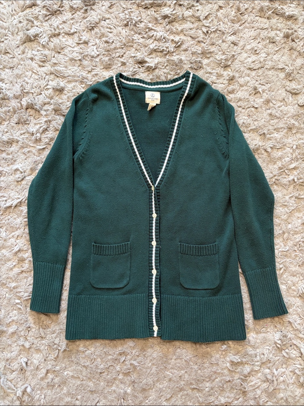 Lands' End Dark Green V-Neck Cardigan with Cream Trim